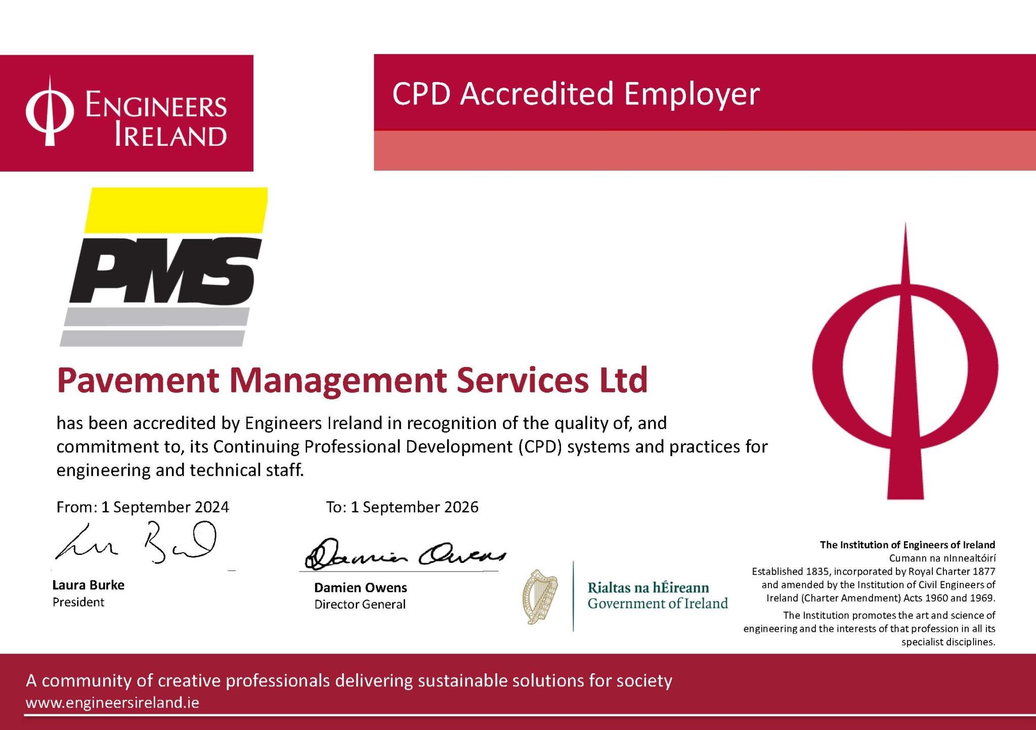 PMS Pavement Management Services Ltd. Retains CPD Accredited Employer Status with Engineers Ireland